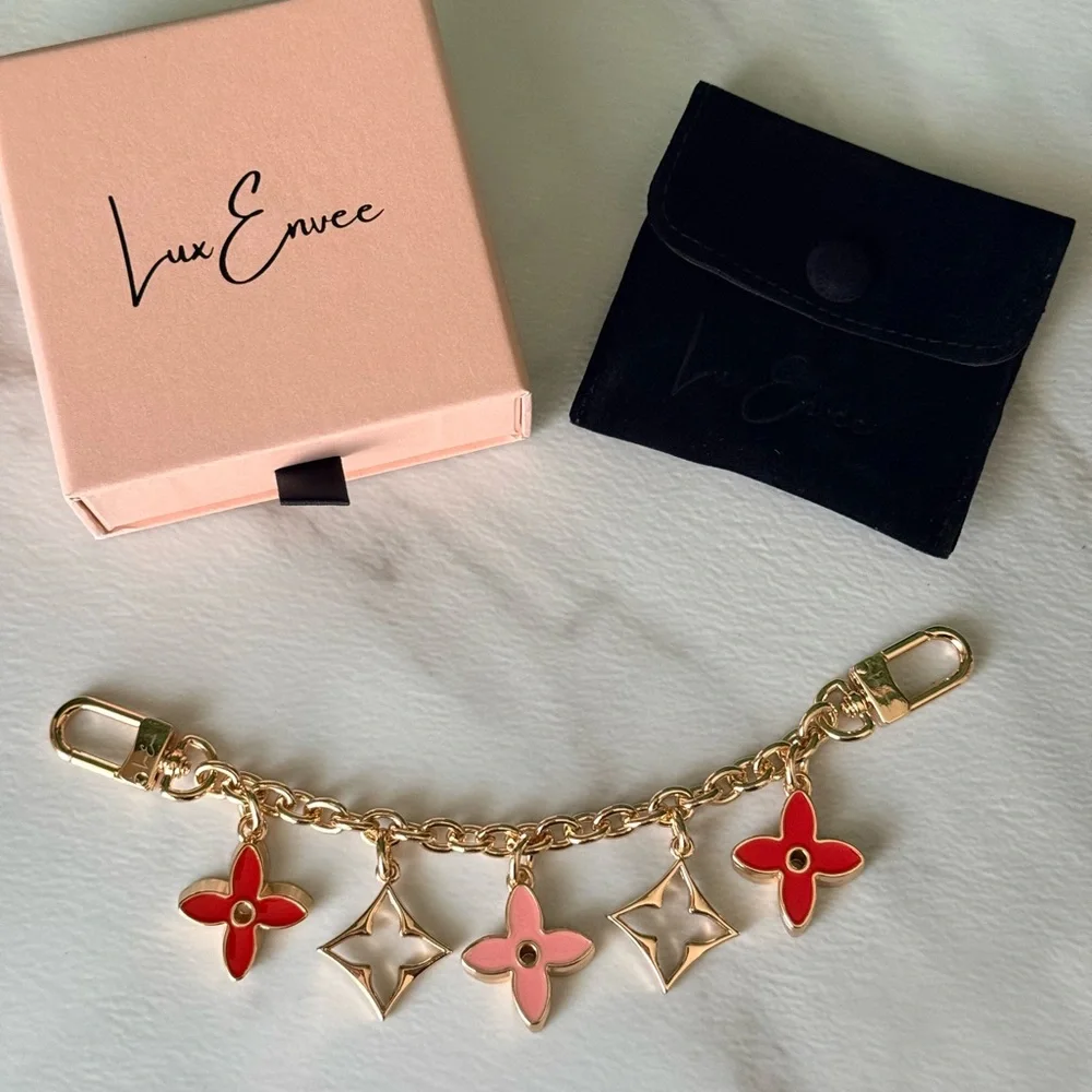 Lux Envee Gold Chain Bag Charm with Red and Pink Flower Charms